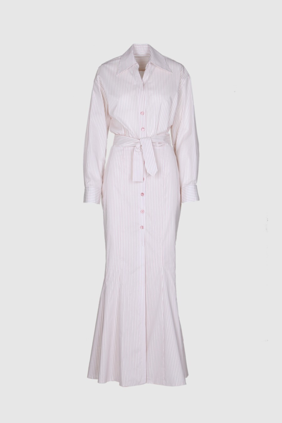 Kleid aus Baumwolle in Rosa Streifen, Maxikleid, Elasthananteil, Knopfleiste, langer Arm