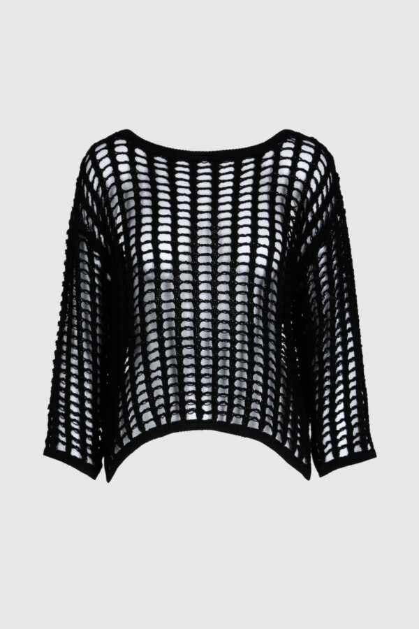Schwarzer Pullover in Häkeloptik, verkürzter Arm, transparent, casual Look, Uni