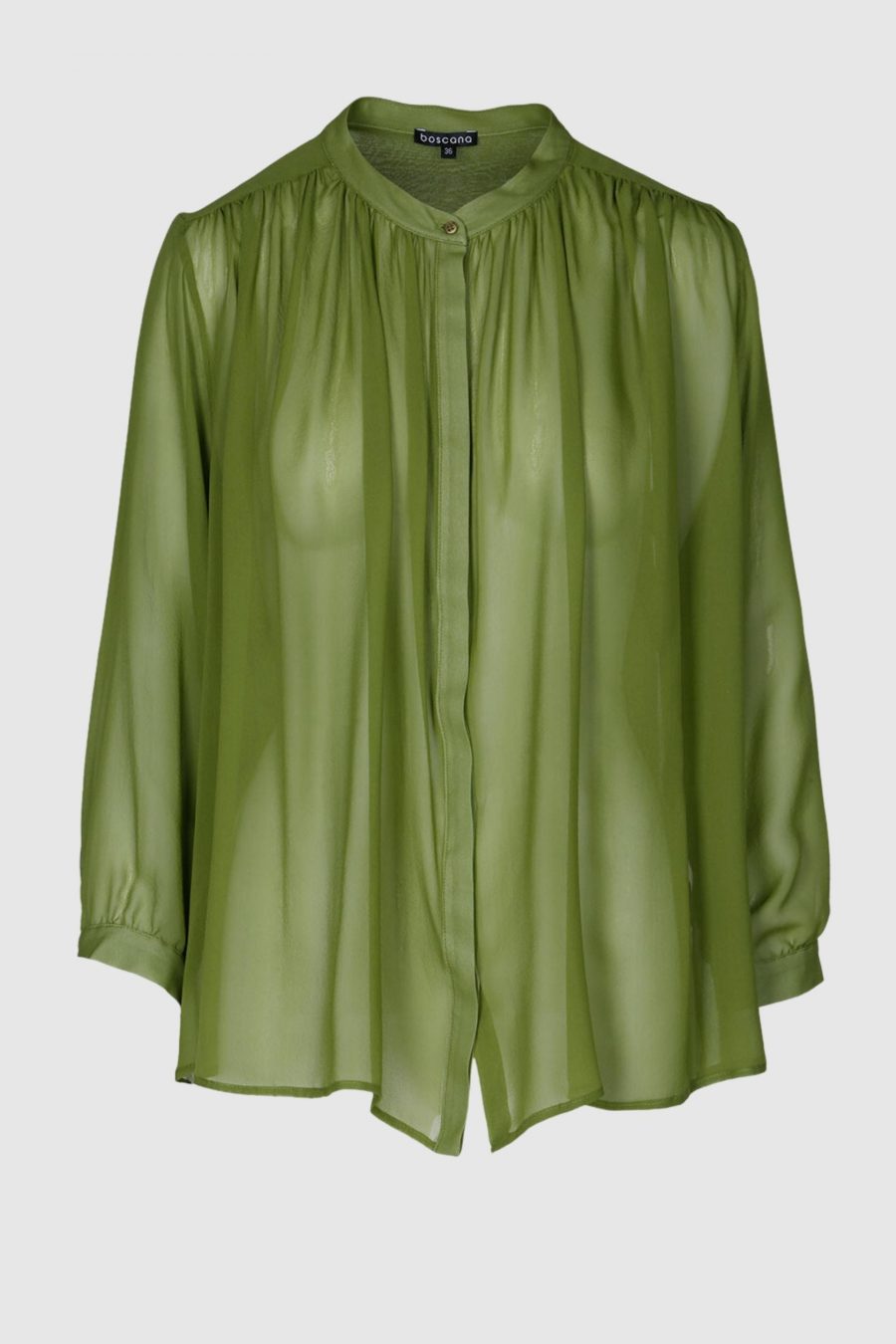 Bluse aus Seide in Grün, Creme, Schwarz, transparent, kleiner Stehkragen, verkürzter Arm, Sommerbluse, Seidenbluse