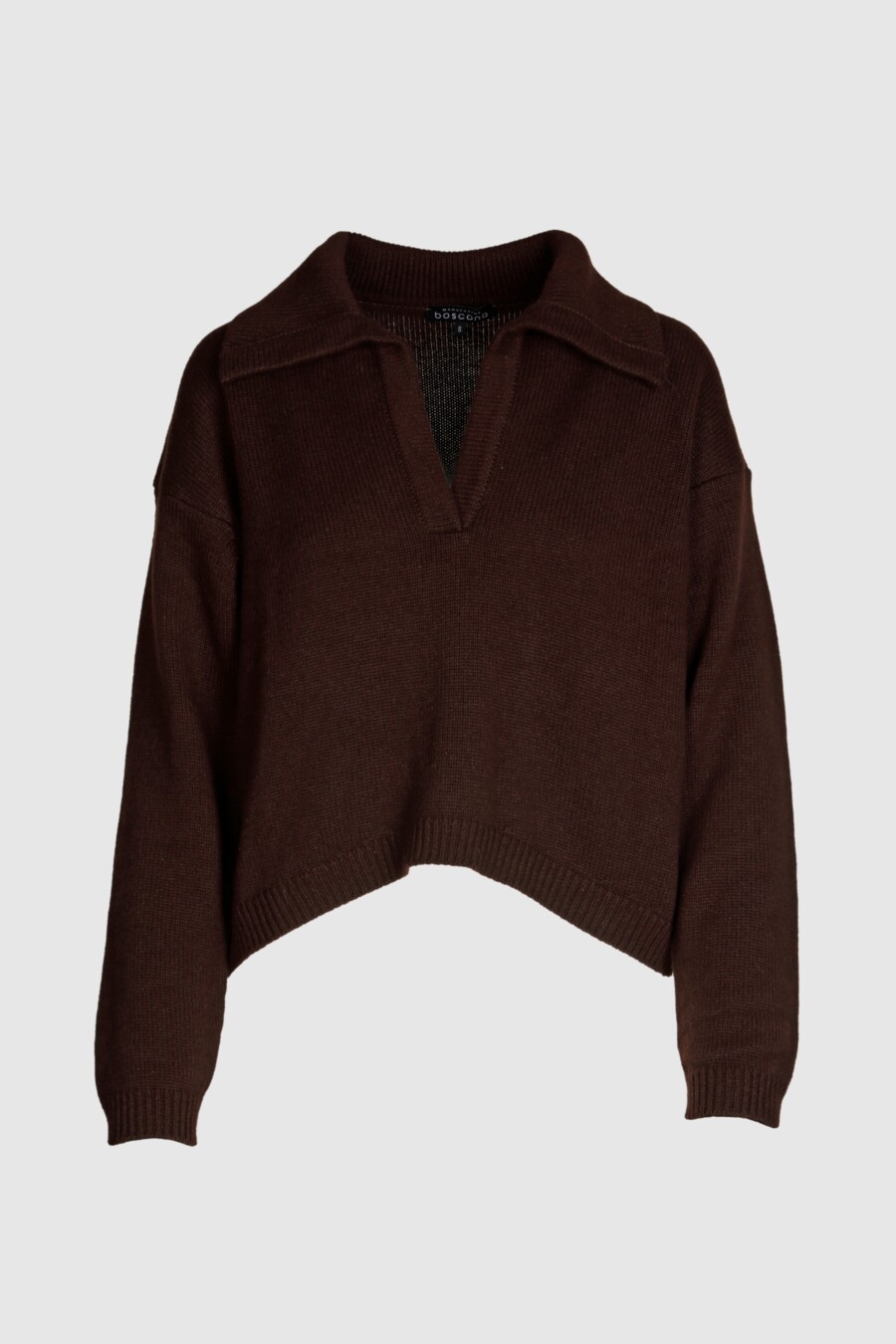 Pullover, aus Kaschmir und Seide in Braun, Poloschnitt, offener Kragen, kurzer Rumpf, langer schmaler Arm