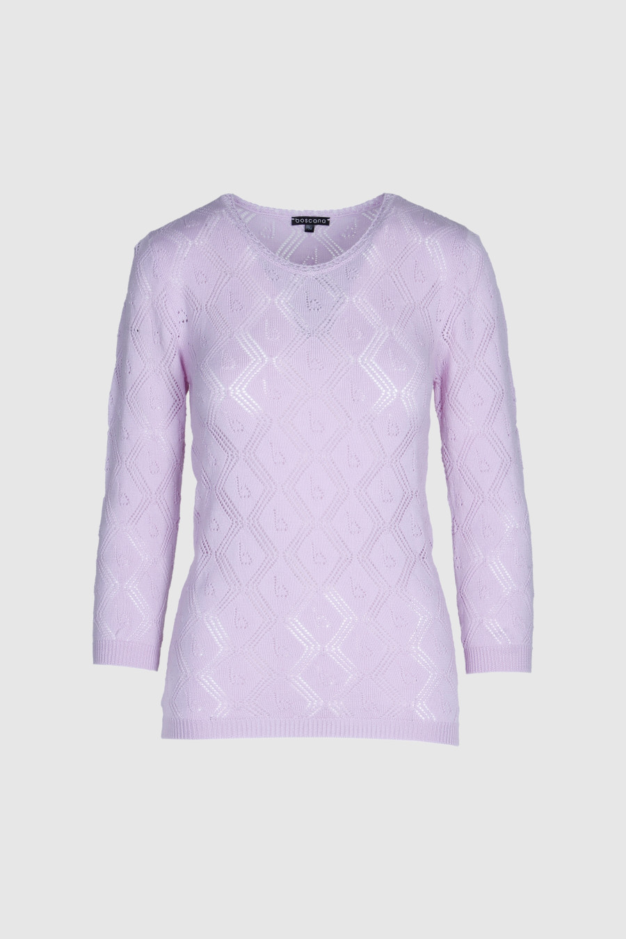 Pullover gestrickt in Lavendel, mit Muster und verkürzten Arm, Merinowolle, Rundhals, lila, uni, transparent