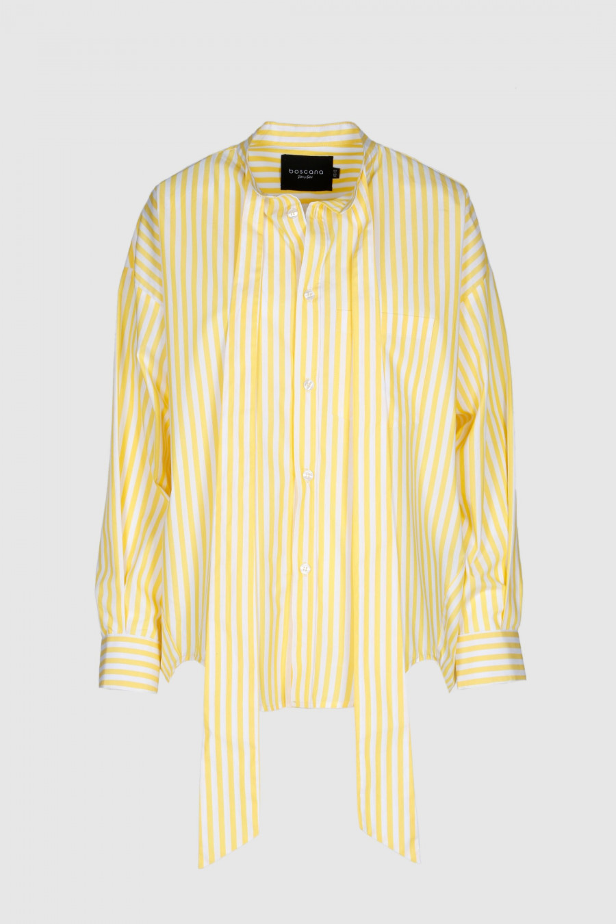 Bluse, Oversize, weit geschnitten, Baumwolle, gelb weis gestreift , Stehkragen, aufgesetzte Brusttaschen