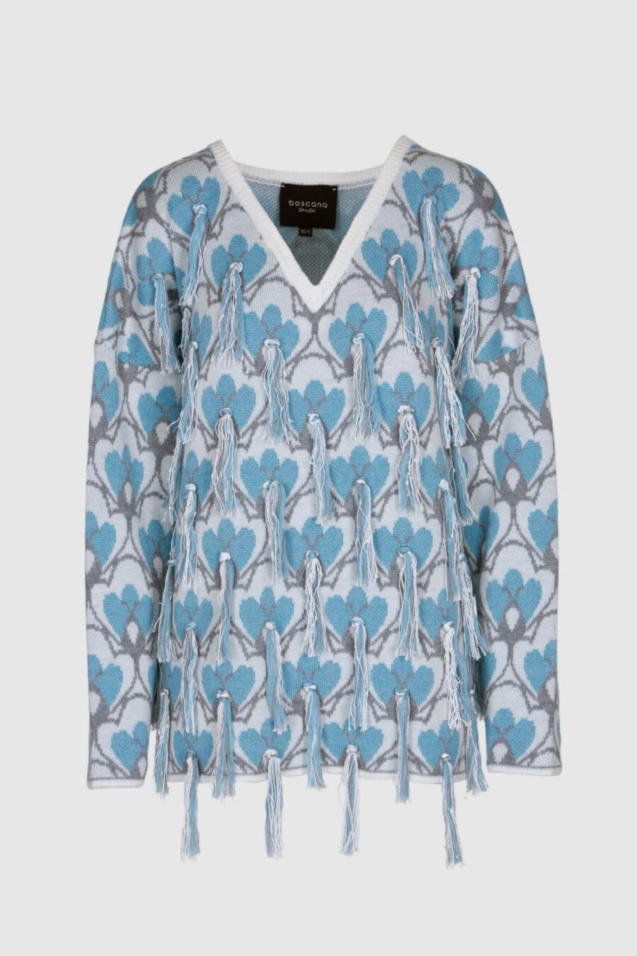 Merino Pullover mit Fransen in Blau-Weiß – Vorderansicht