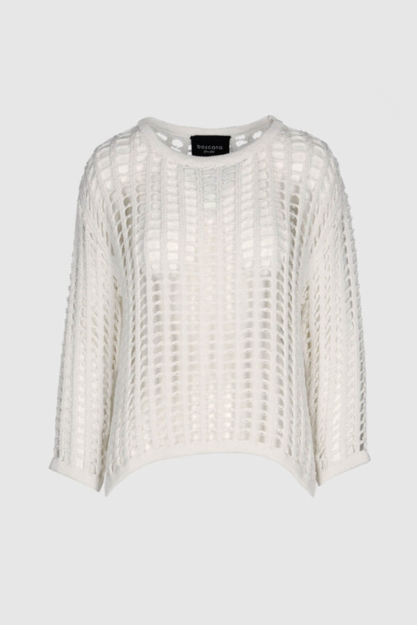 Weißer Pullover in Häkeloptik – Vorderansicht