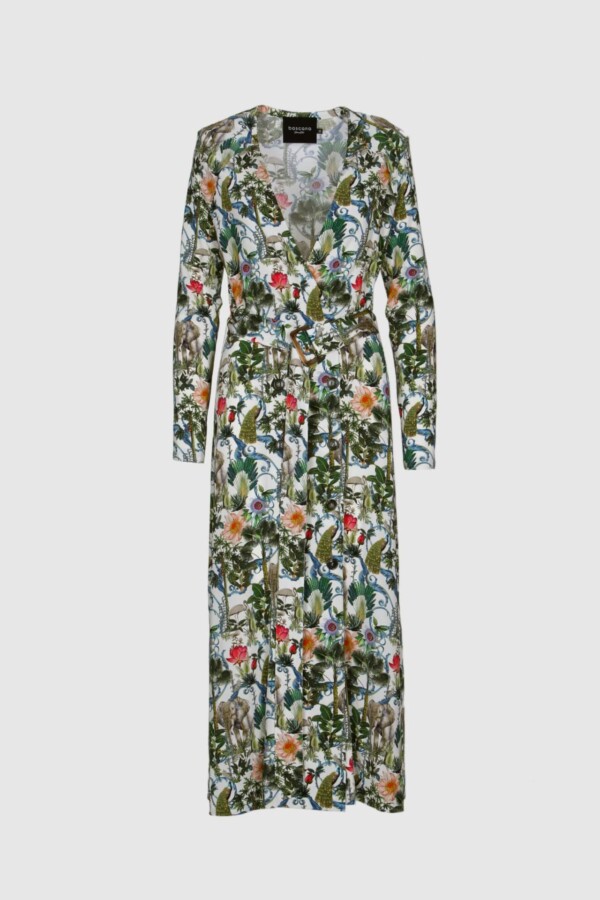 Kleid, Sommerkleid, grün, beige, pink Wickelkleid, Maxikleid, Bindegürtel, langer schmaler Arm