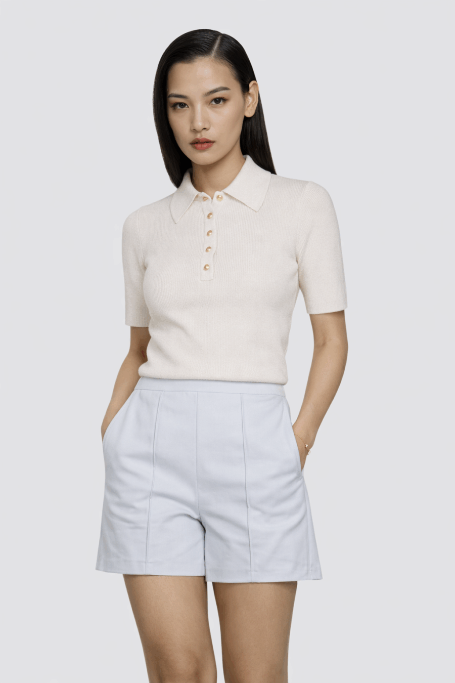 Strickoberteil in Creme mit Polokragen