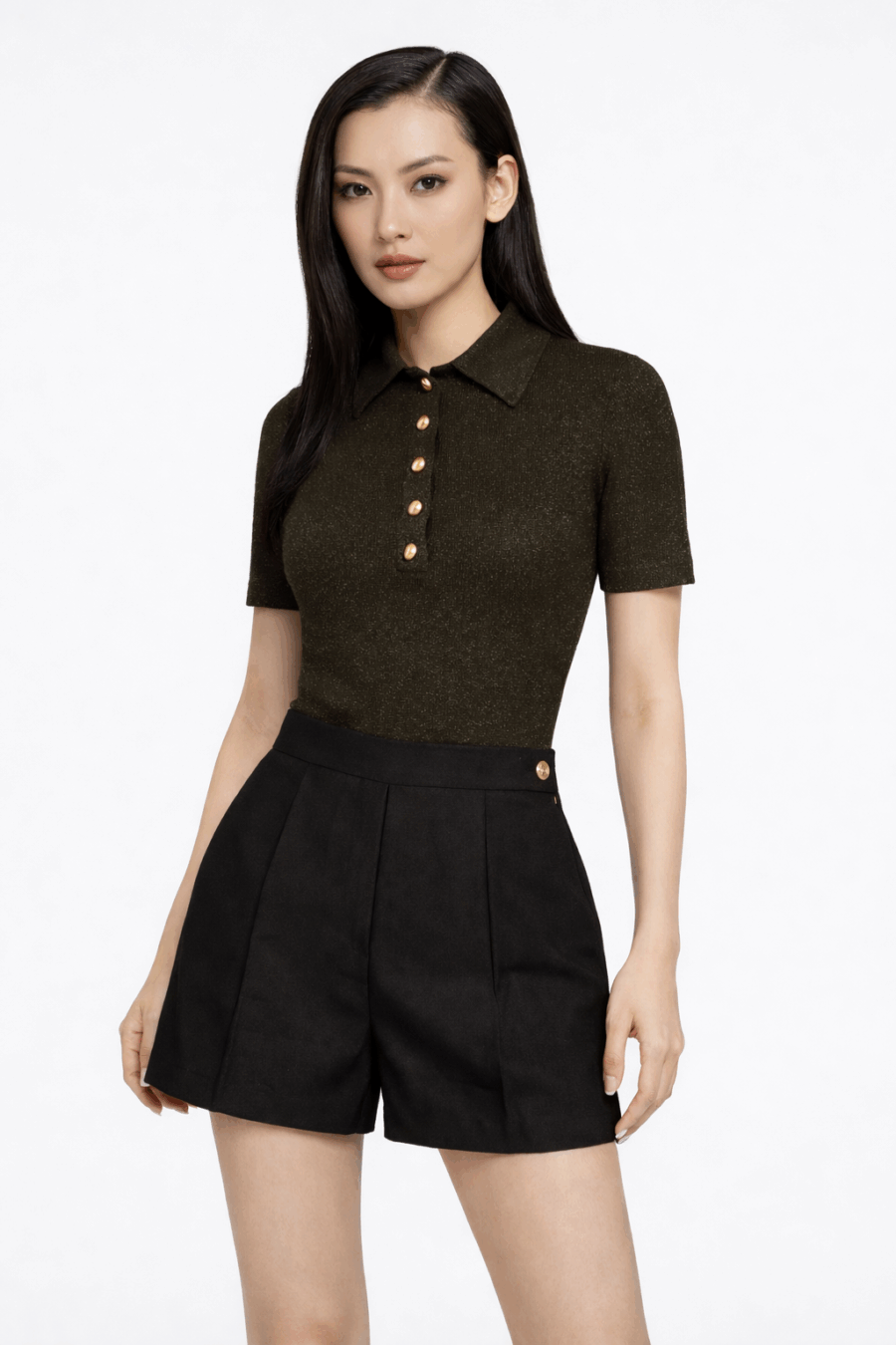 Strickoberteil in Schwarz mit Polokragen