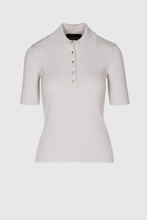 Gestricktes Polo-Shirt in creme mit Lurex