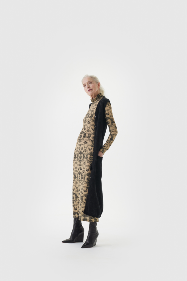 Maxikleid mit Hahn Print in Creme Schwarz für Damen