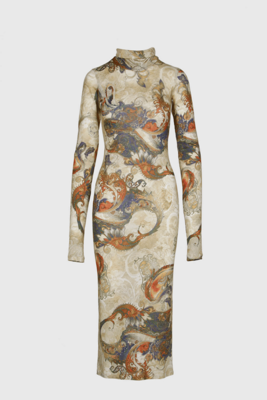 Langes figurbetontes Paisley Kleid in Creme – Vorderansicht