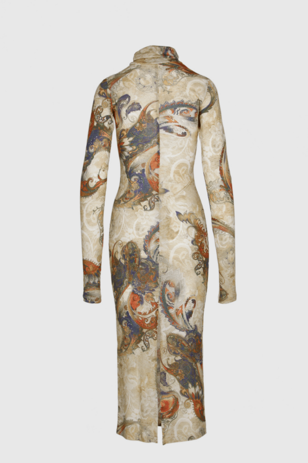 Stilvolles figurbetontes Paisley Kleid in Creme – Rückansicht