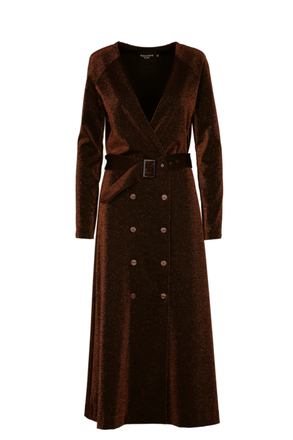 Kleid, Braun, Lurex, Bronze, Doppelreiher, Doppelknopf, Gürtel auf Taillenhöhe, tiefer V-Ausschnitt