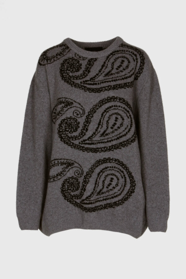 Kaschmirpullover, Oversize, Unisex, Herrenpullover, Paisley Muster, Grau Schwarz, Kaschmirpullover