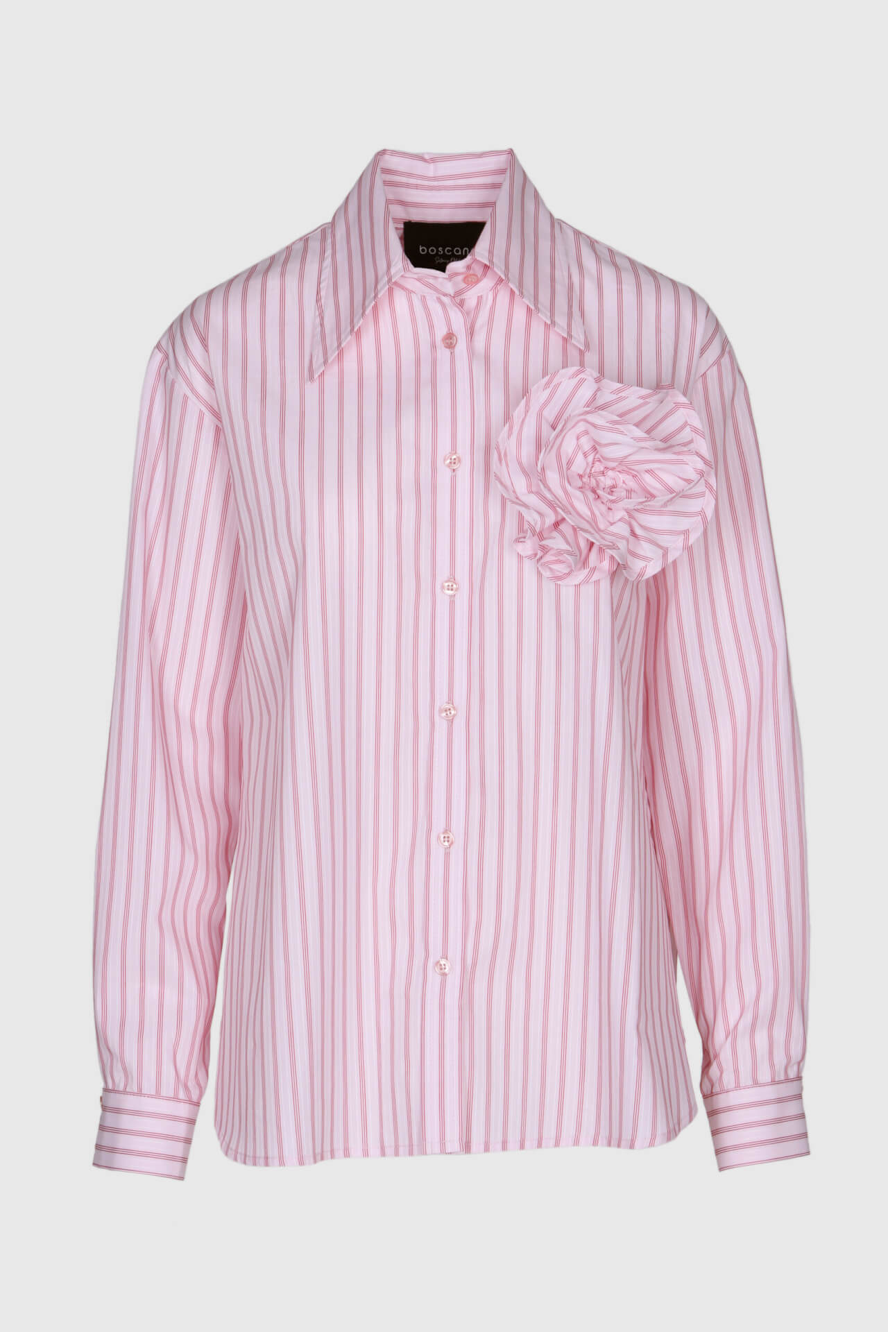 Bluse in Streifen Pink und Rot aus Baumwolle, mit Blume auf der Brust, leicht Oversize, langer Arm, weiter Körper