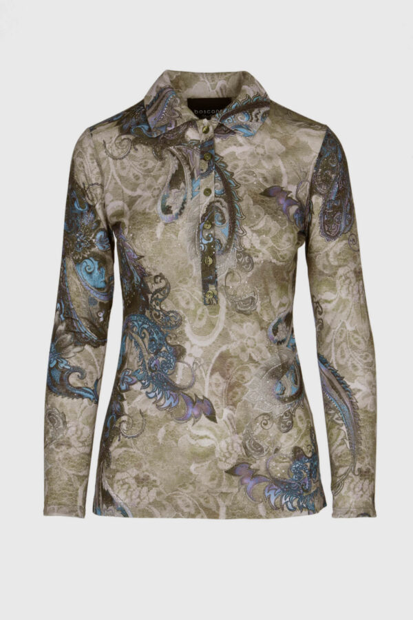 Vorderansicht des grauen Damen Poloshirts mit Paisley-Print