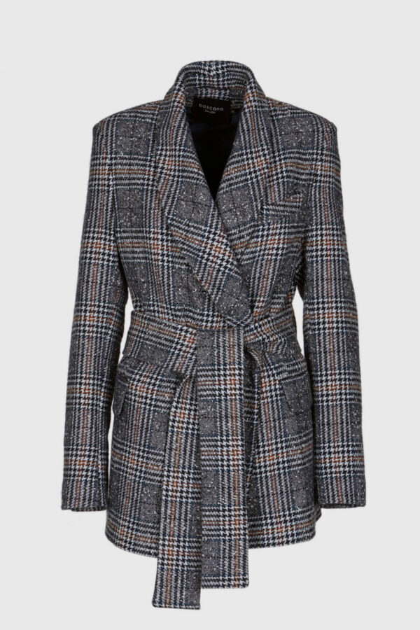 Damen Wolljacke mit Karomuster in Blau-Grau-Nuancen – Vorderansicht