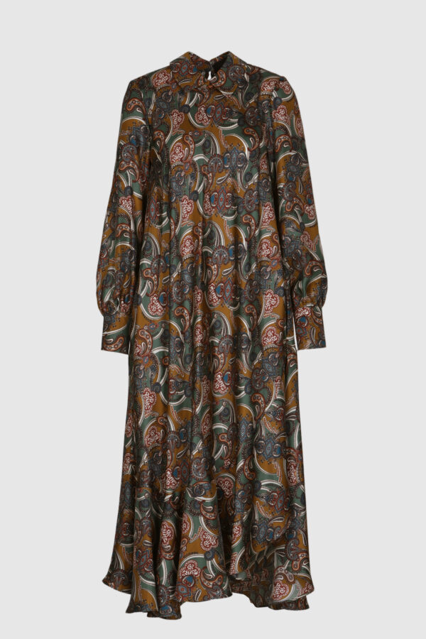 Maxikleid aus Seide im Print grün, creme, weinrot