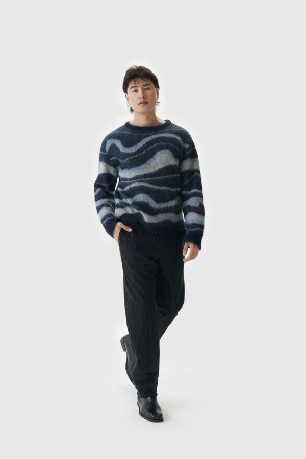 Mohair Pullover Wellenmuster Blau Herren – Bild 2