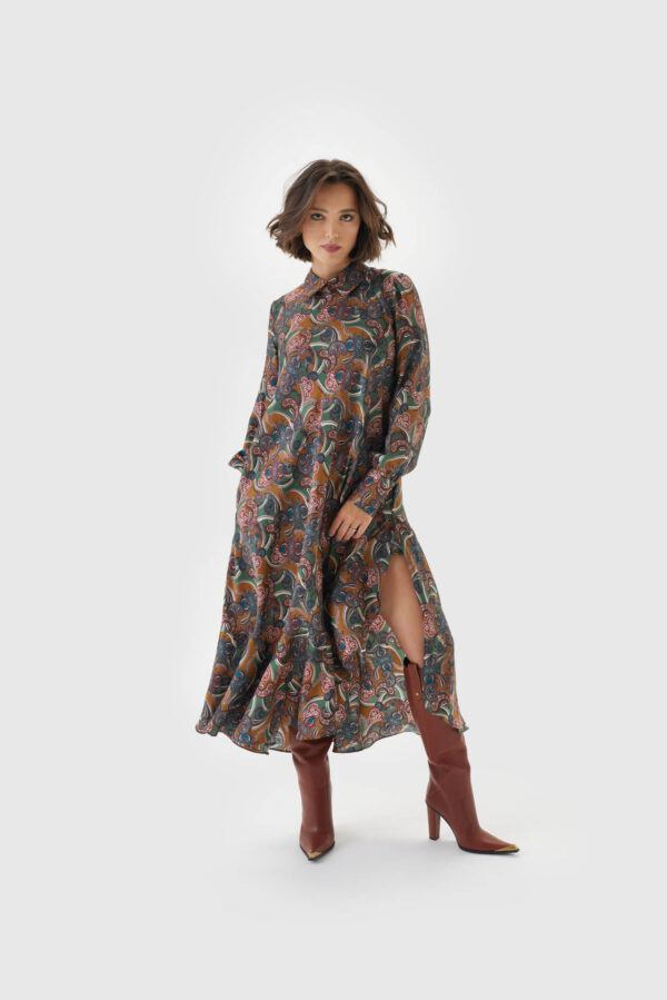 Maxikleid aus Seide im Print grün, creme, weinrot