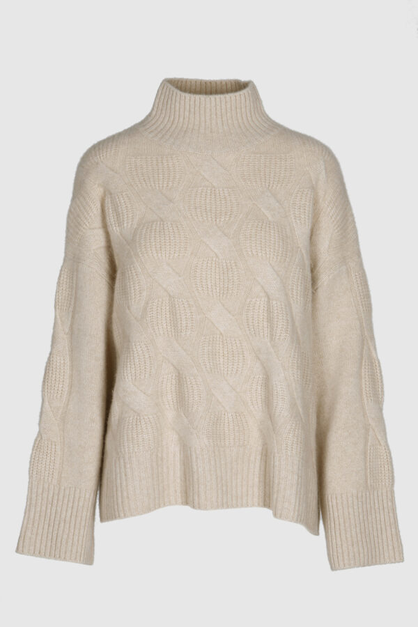 Damen Kaschmir Pullover braun mit Zopfmuster – Vorderansicht