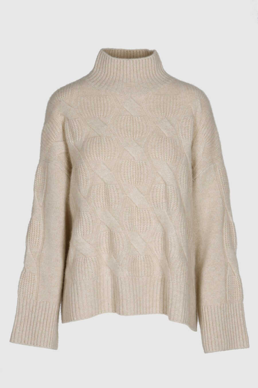 Damen Kaschmir Pullover braun mit Zopfmuster – Vorderansicht
