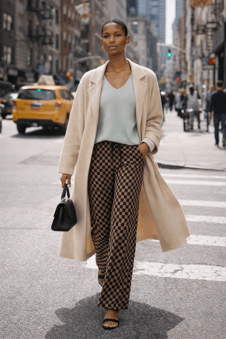 2026_Sommer_Boscana_Hose_Luxerioese-Kaschmirhose-im-Baun-Schwarz-Muster_Modelfoto_Streetstyle