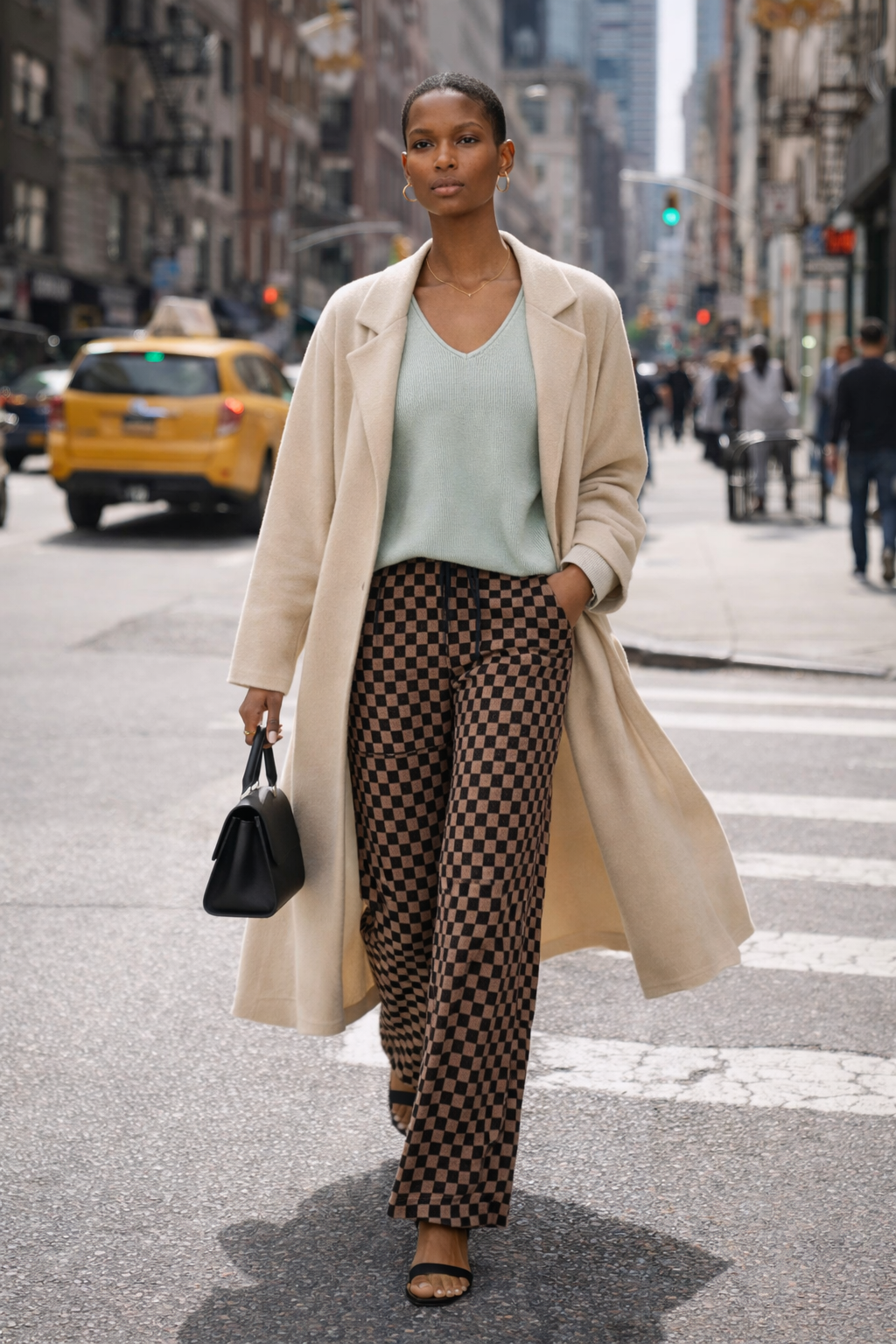 2026_Sommer_Boscana_Hose_Luxerioese-Kaschmirhose-im-Baun-Schwarz-Muster_Modelfoto_Streetstyle