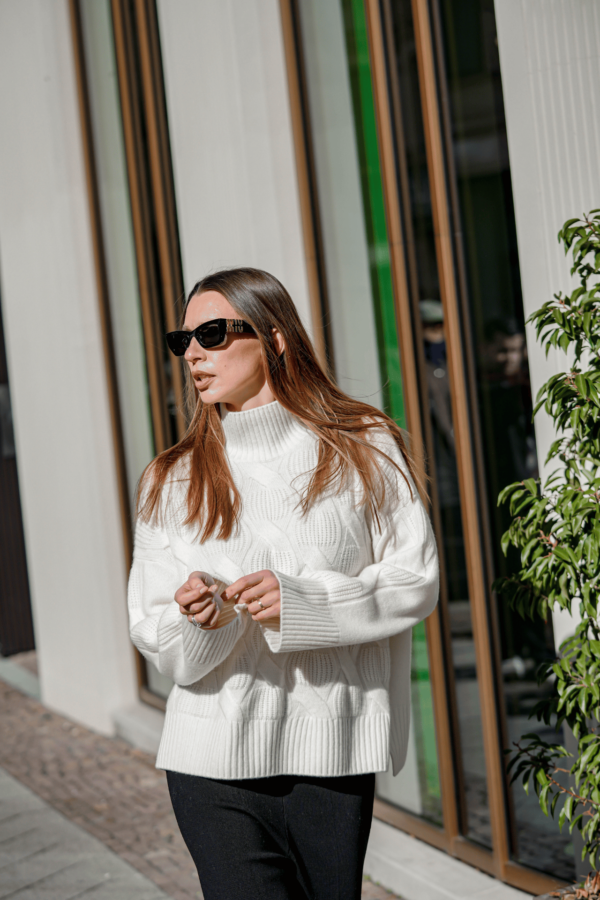 Kaschmir Damen Pullover weiß mit Zopfmuster