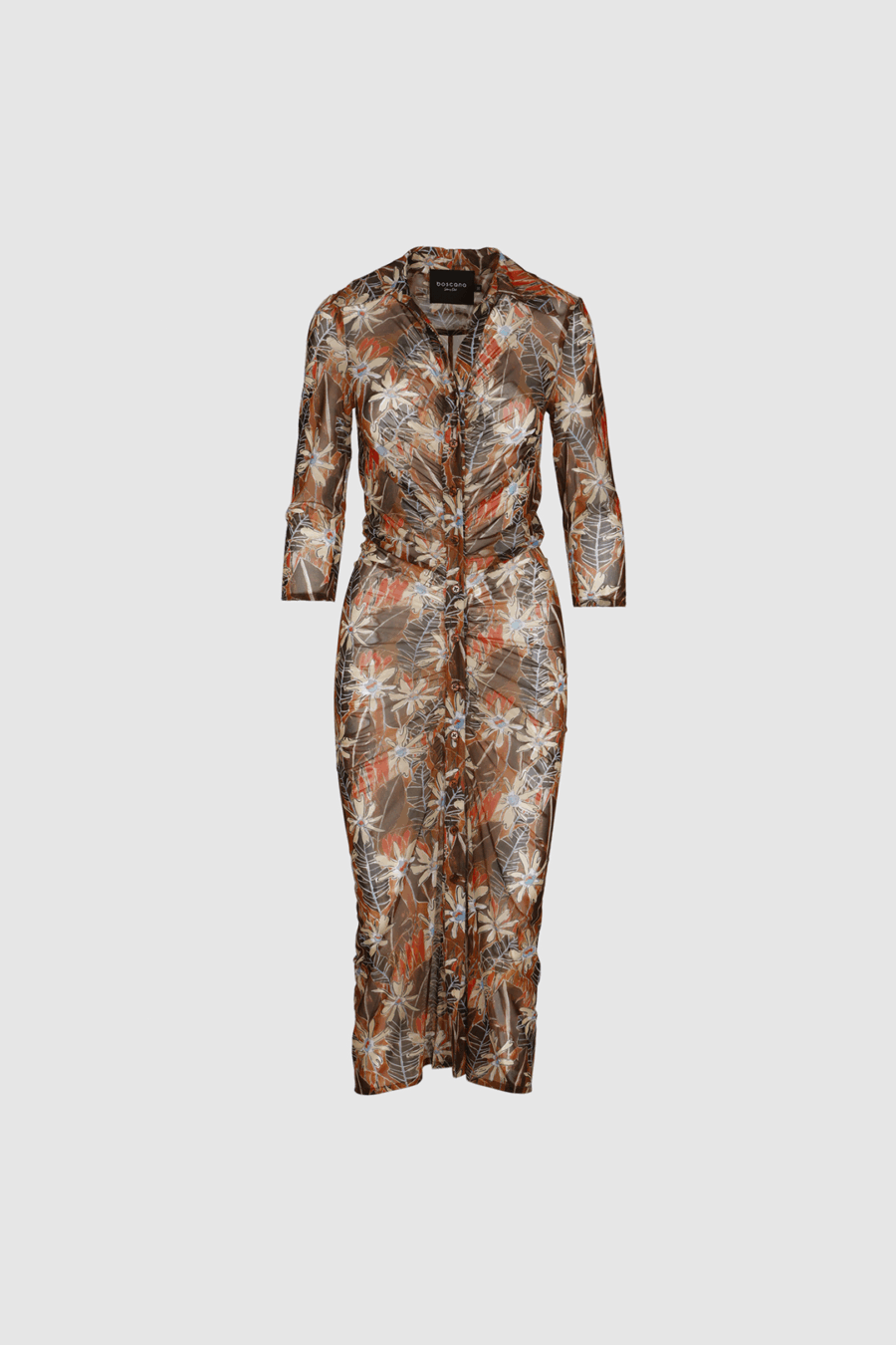 Transparentes Maxikleid mit Print und Raffungen