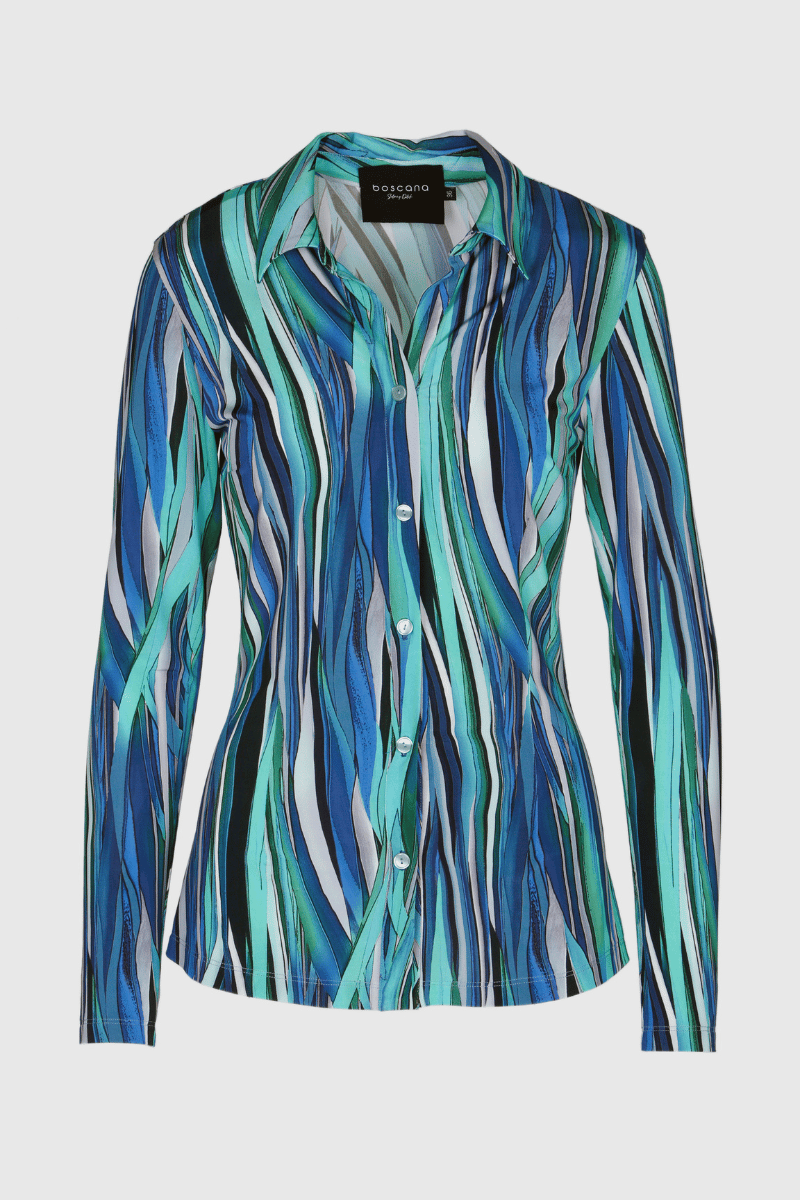 Bluse, türkis, blau, grün, weiß, Damenbluse, Print , anliegend