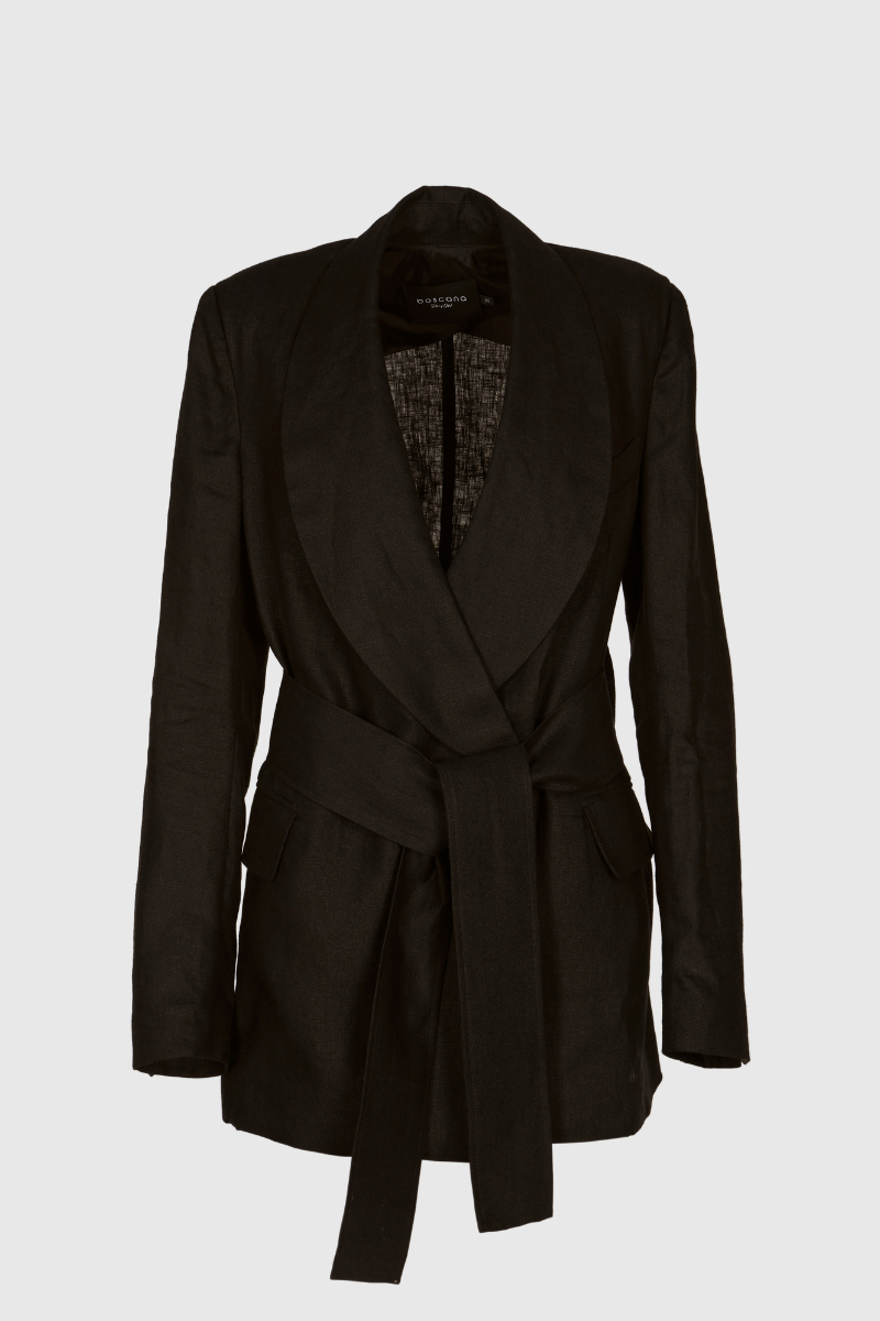 Jacke, Blazer, Leinen, Schwarz, Bindegürtel, Longblazer