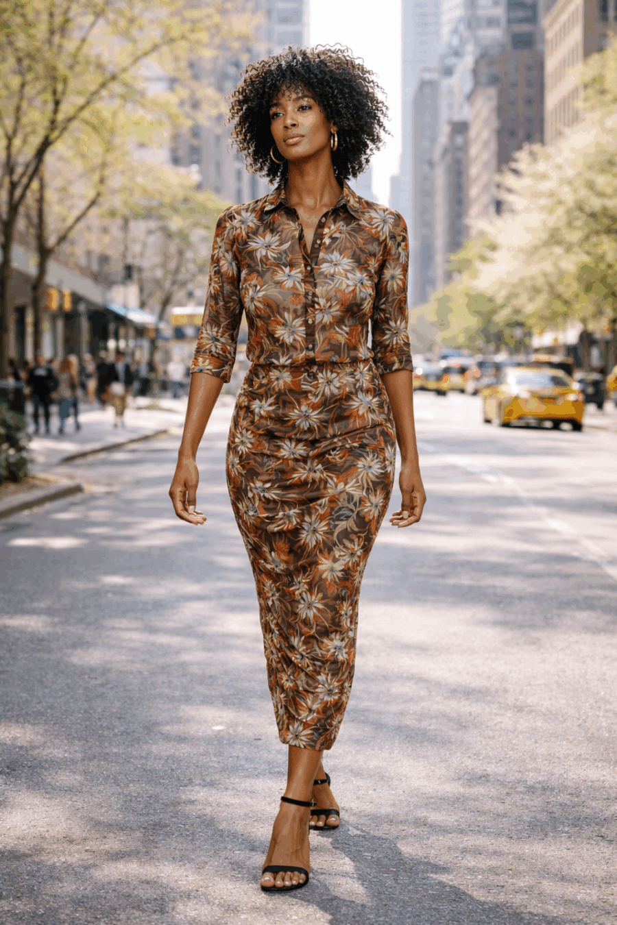 Rock braun, transparent Flower Print, blau, braun, elastisch, Raffungen