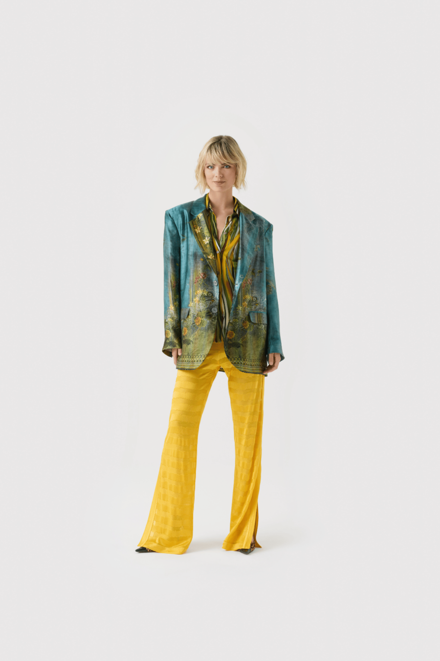 Blazer, Oversized Blazer, Seide, bedruckte Seide, petrol, grün, rot, Gold