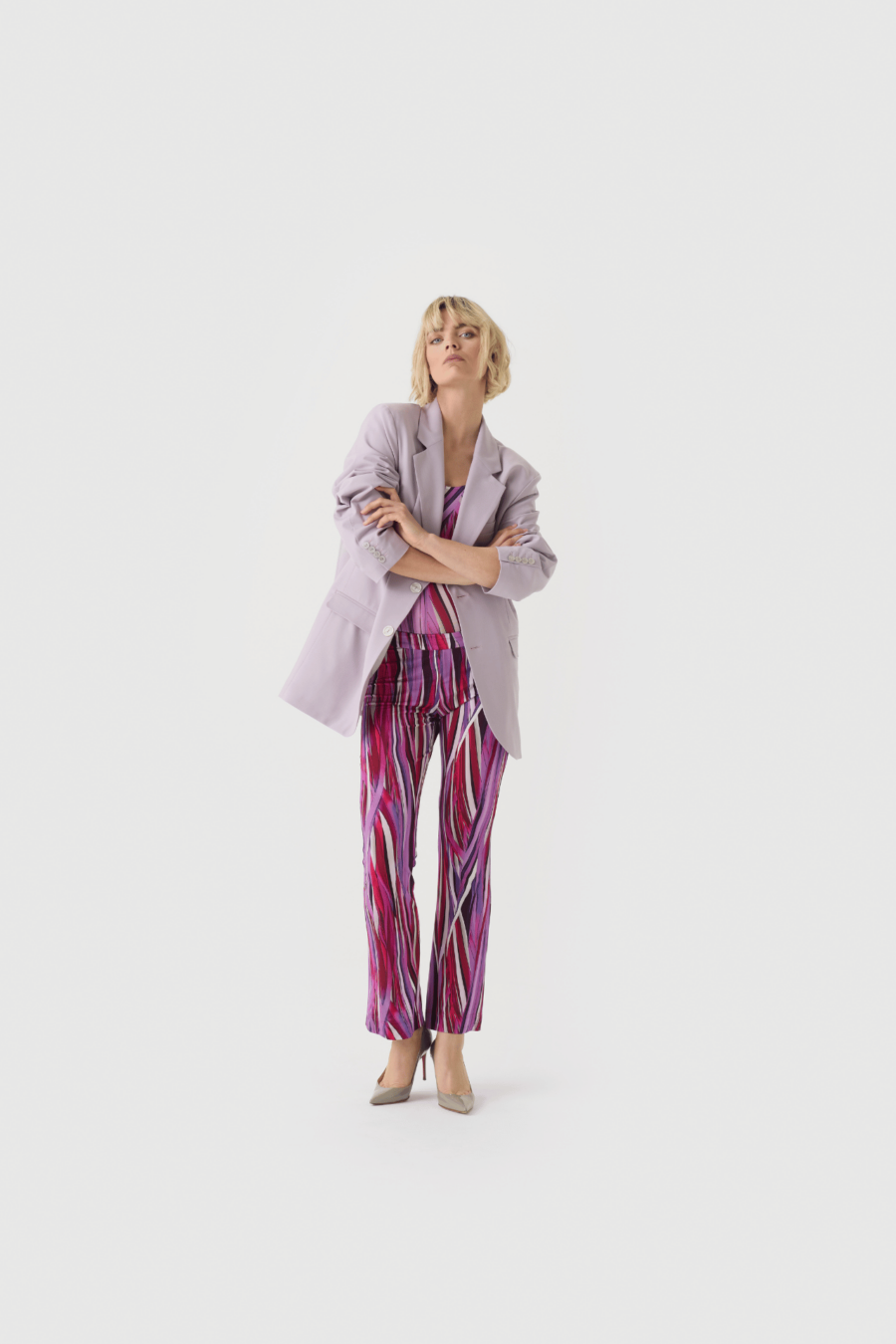Blazer, Oversized Blazer, Schurwolle, bedruckte Seide, blau,grau, lila, lavendel,