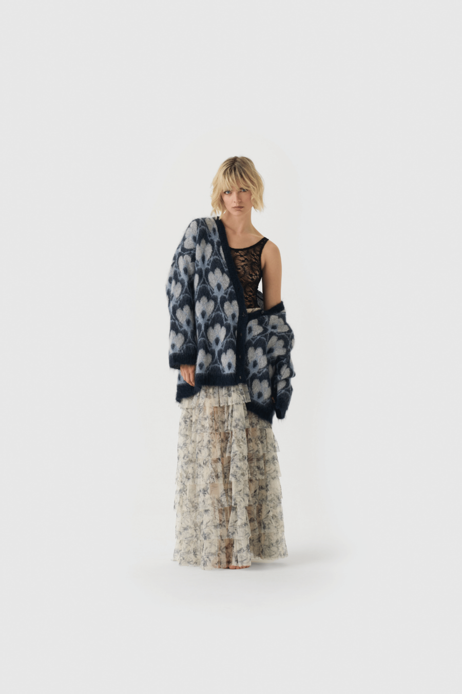 Strickjacke aus Mohair in blau und grau