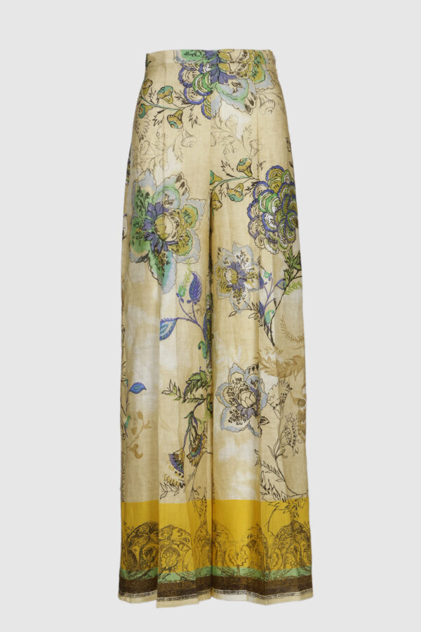 weite Hose, gelb, print, florales muster, Leinen, Leinenhose