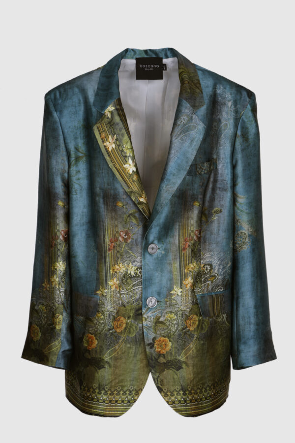 Blazer, Oversized Blazer, Seide, bedruckte Seide, petrol, grün, rot, Gold