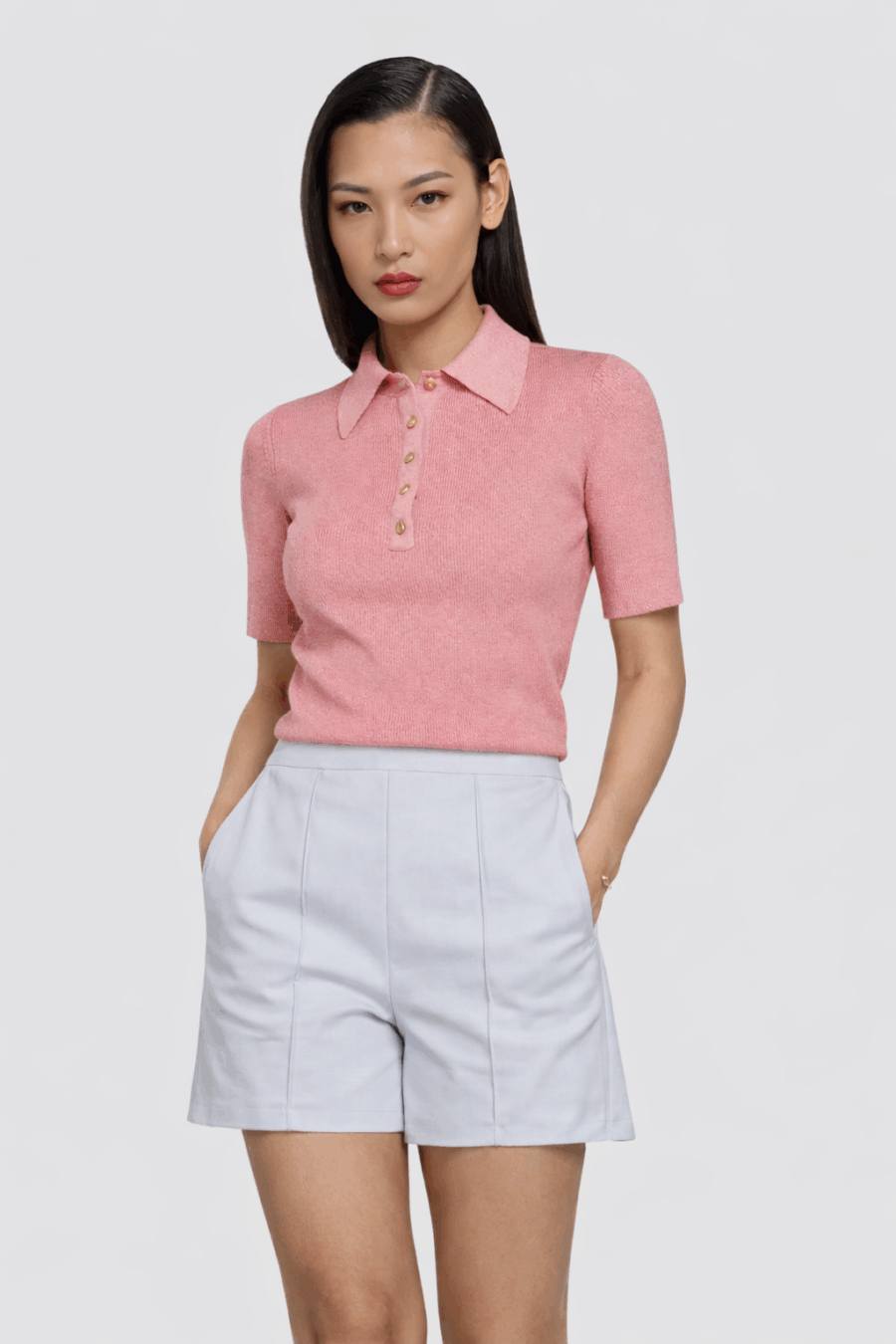 Gestricktes Polo-Shirt in rosa mit Lurex