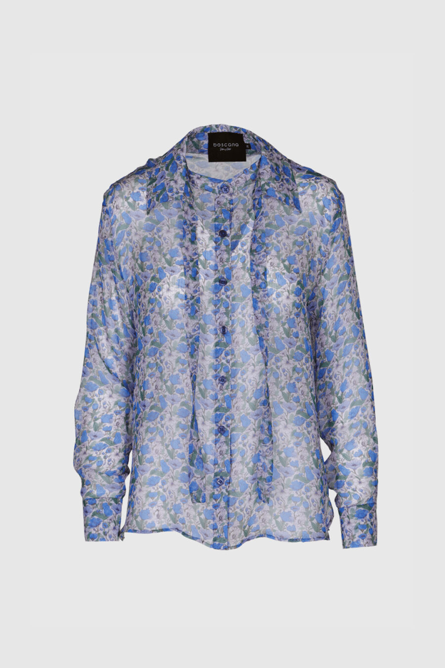 Transparente Seidenbluse mit floralem Print in Blautönen