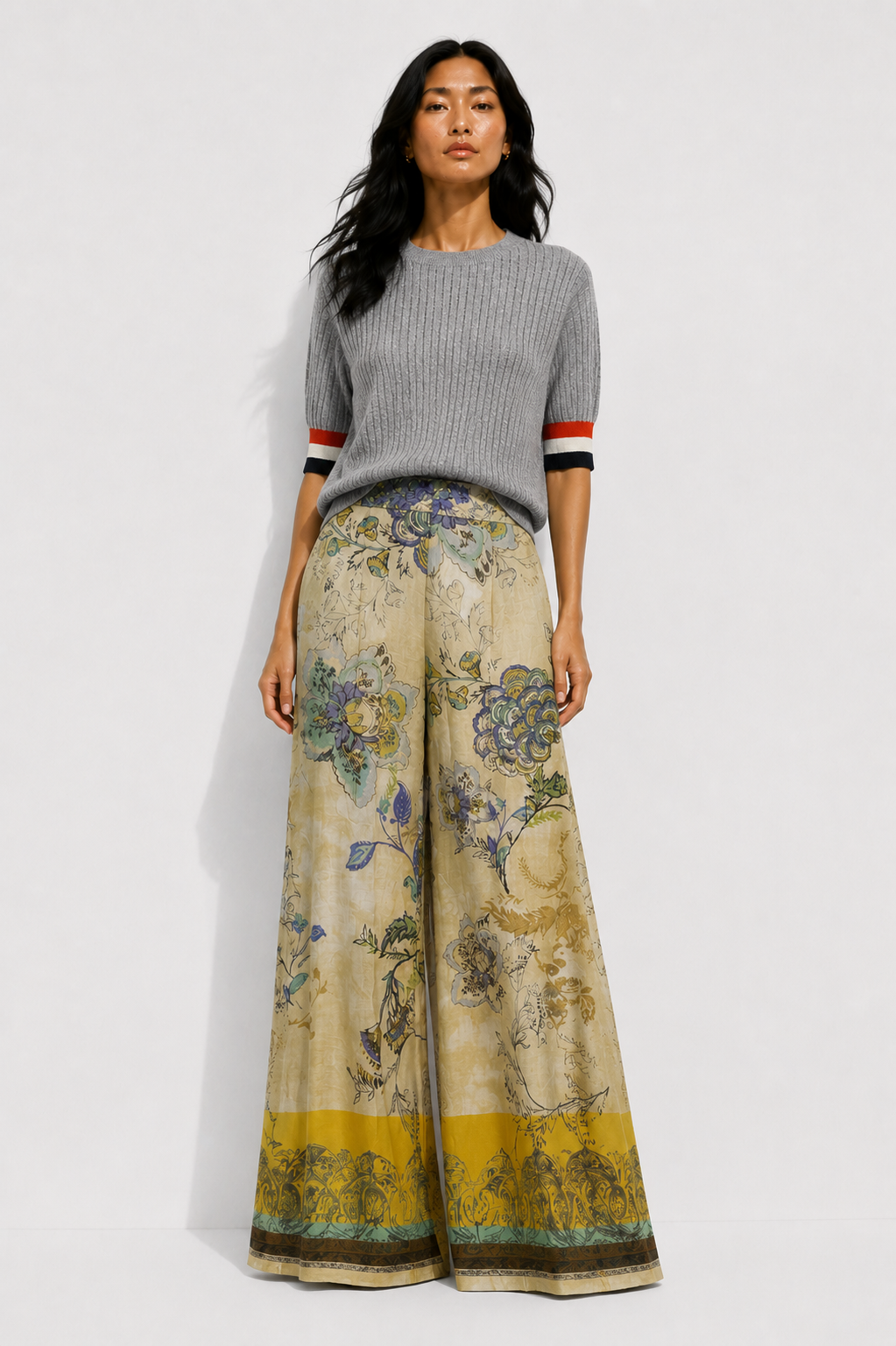 Dame Shirt Kaschmir Grau Rundhals