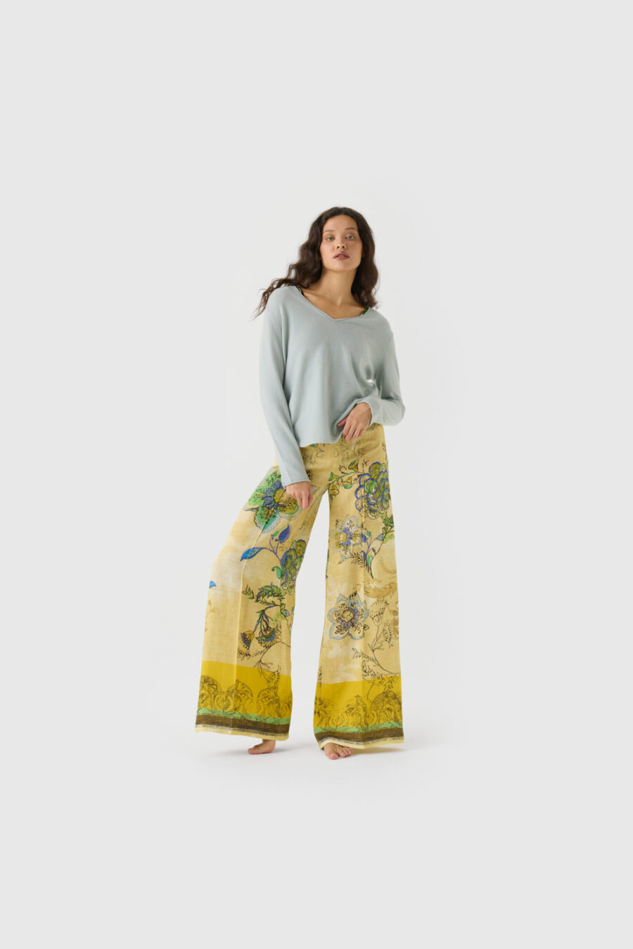 weite Hose, gelb, print, florales muster, Leinen, Leinenhose