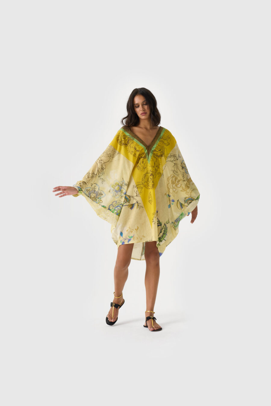 Gelbe Tunika aus Baumwolle mit floralem Print – Vorderansicht