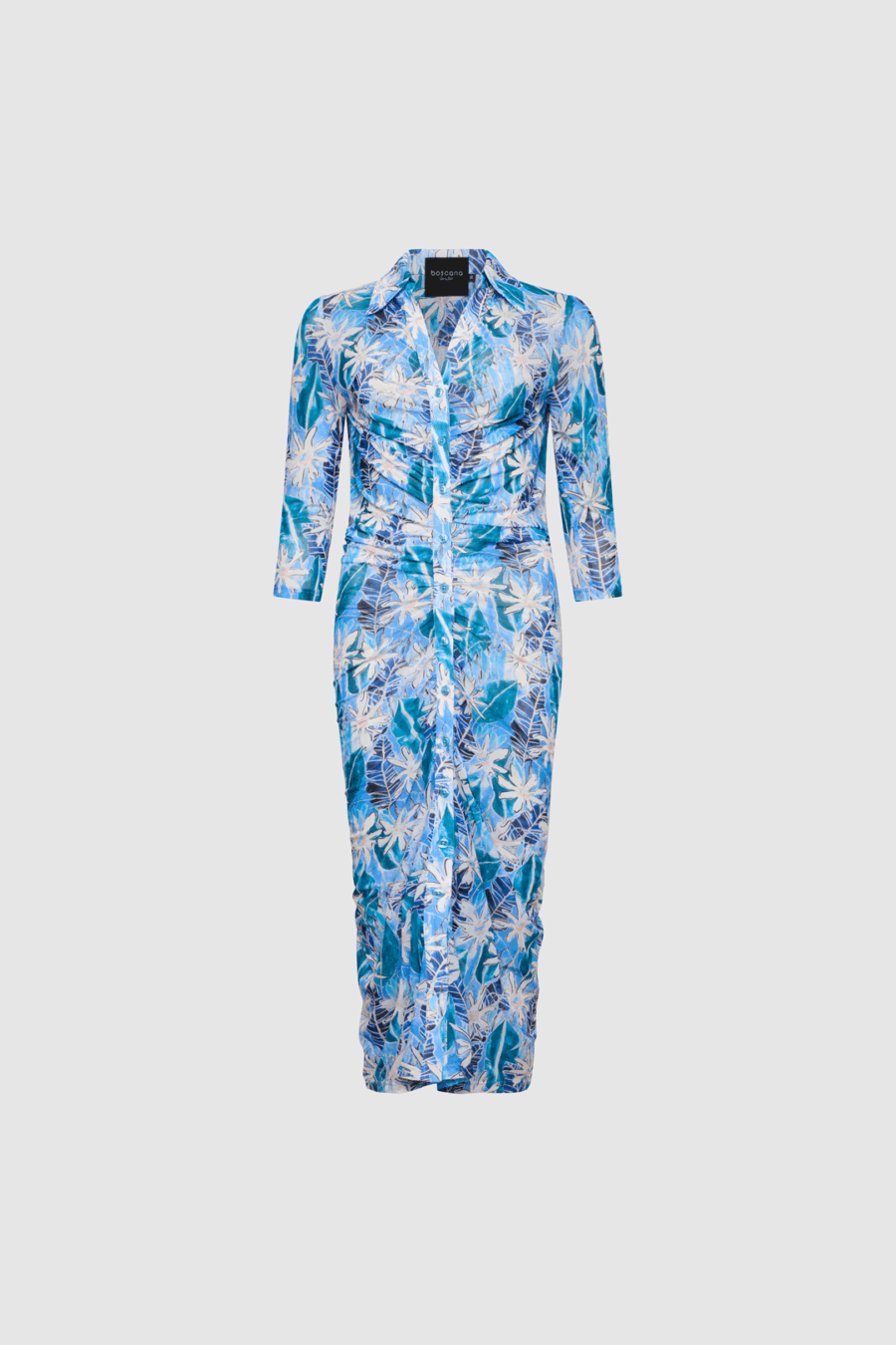 Transparentes Maxikleid mit Print und Raffungen