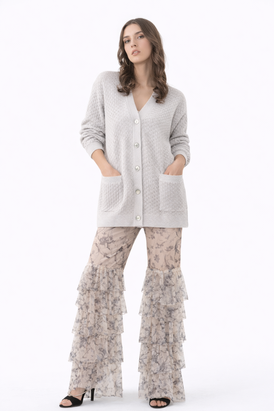 Strickjacke, lange Jacke, grau, Lurex, Kaschmir