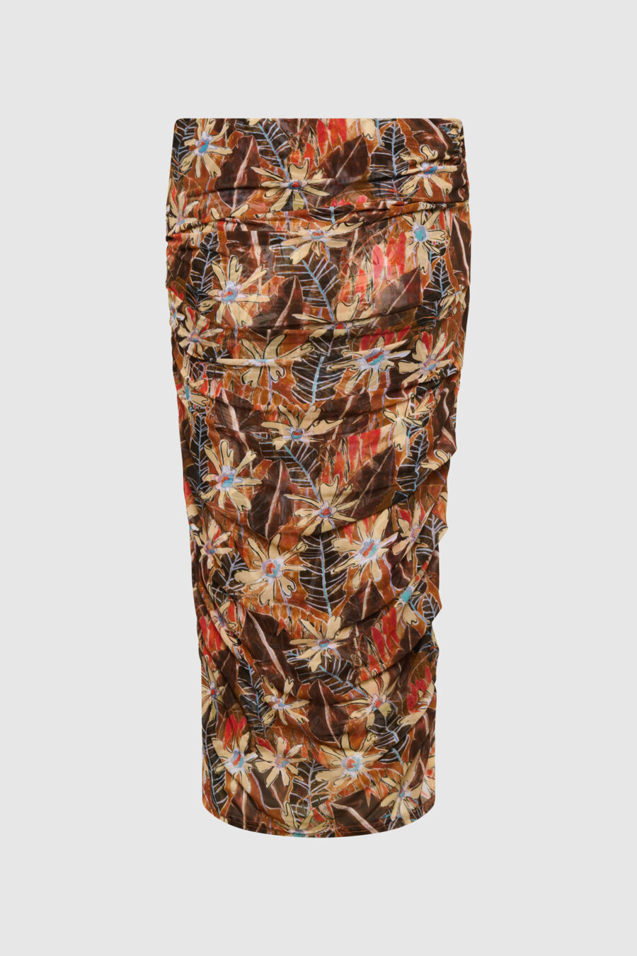 Rock braun, transparent Flower Print, blau, braun, elastisch, Raffungen