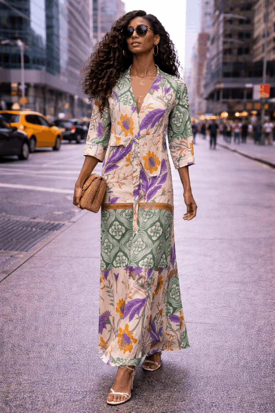 Tunika, Kaftan, Viskose, lila, grün, creme, bedruckt, Manufaktur Boscana Leizpig