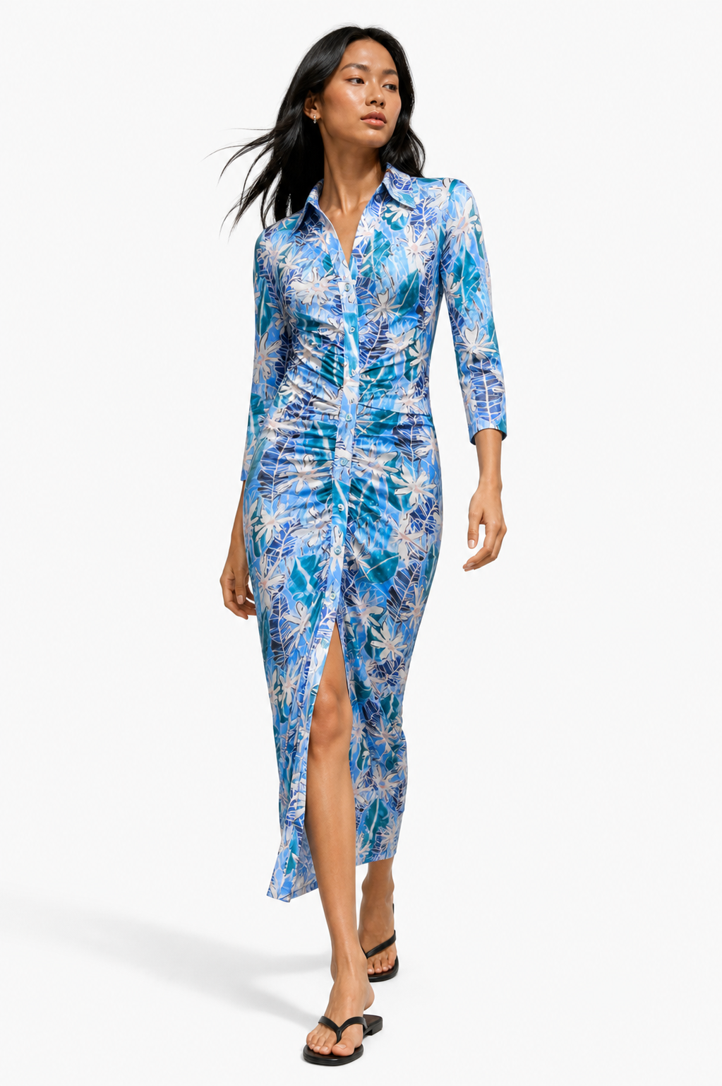 Transparentes Maxikleid mit Print und Raffungen