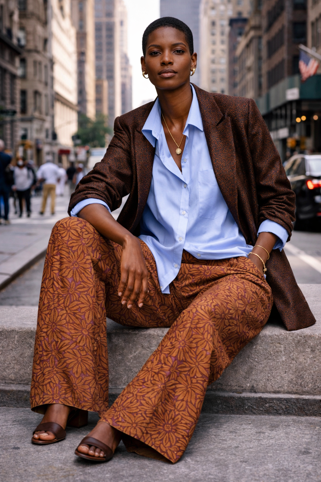 2026_Sommer_Boscana_Hose_Hose-in-Camel-mit-Print-in-Bordeaux_Modelfoto_Streetstyle