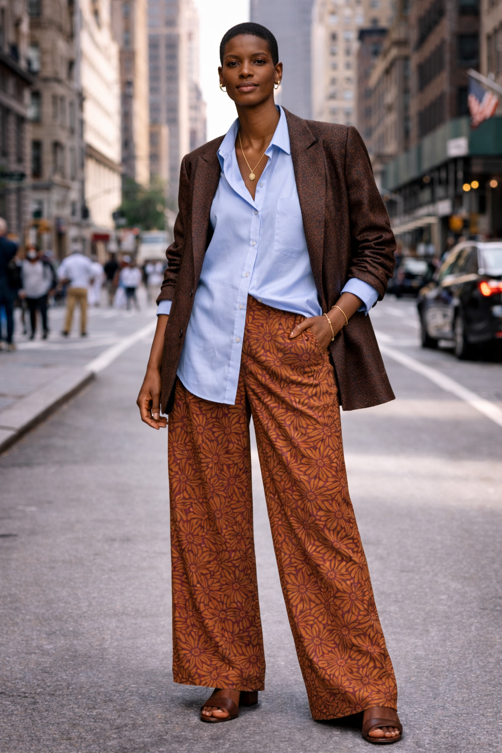 2026_Sommer_Boscana_Hose_Hose-in-Camel-mit-Print-in-Bordeaux_Modelfoto_Streetstyle_2