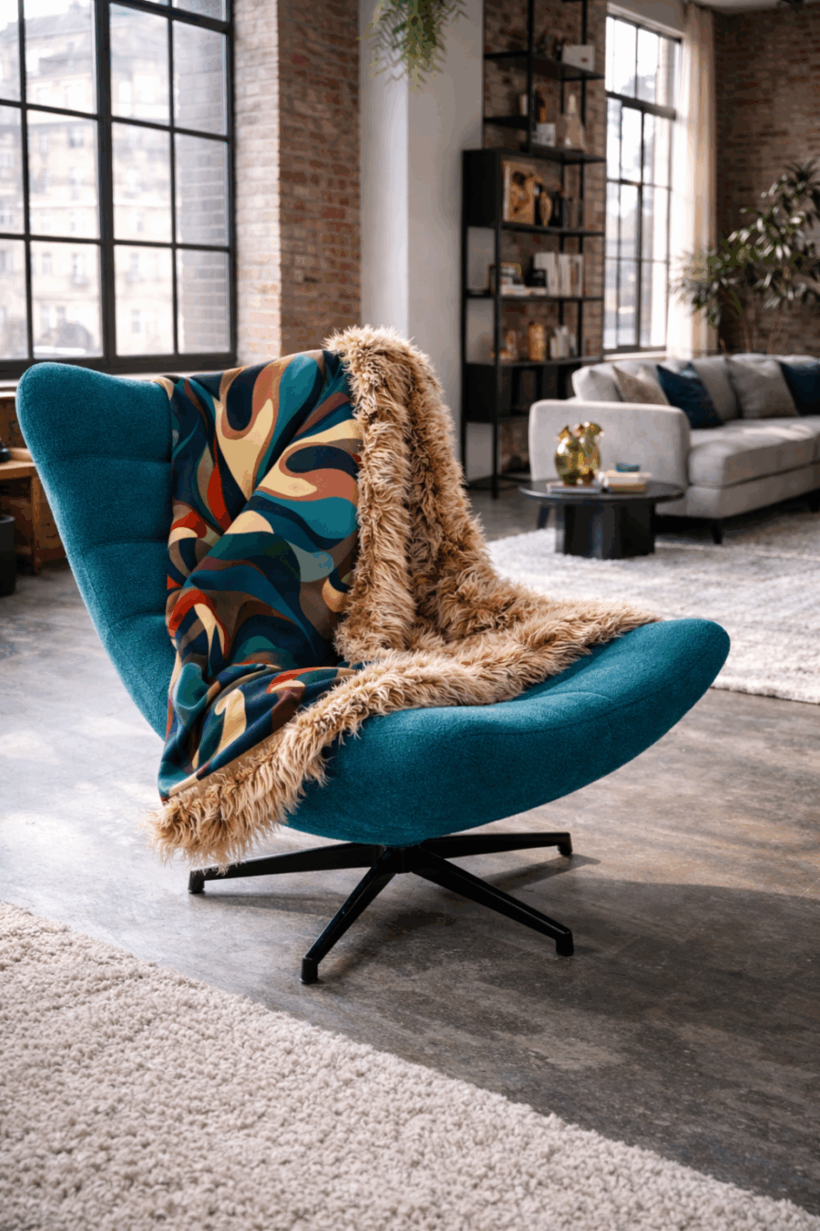 Decke mit Kuschelfaktor – Braun meliert Fake Fur und bedruckte Seide